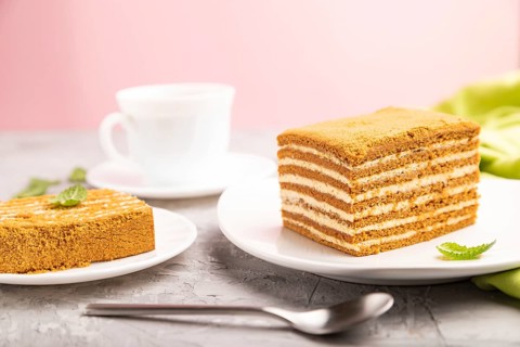 Homemade honey cake with milk cream and mint with cup of coffee on a and pink background and green
