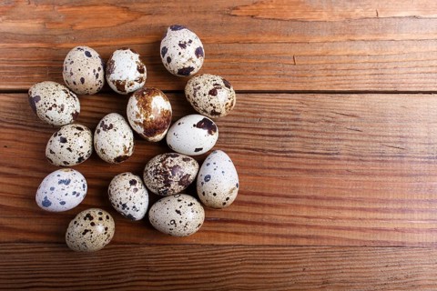 Raw quail eggs on a brown wooden background. top view with copy space
