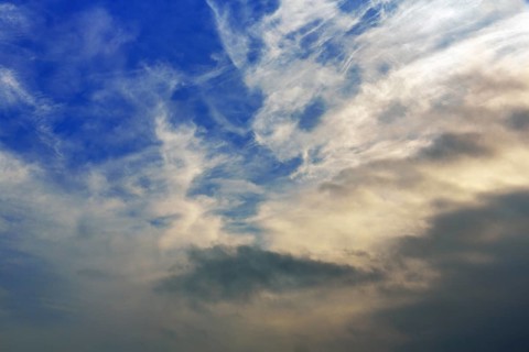 Dramatic evening sky, cirrus, dense clouds, illuminated, background image, Föhr,