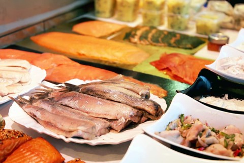 Close-up of a fish counter with fish and seafood