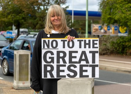 Protest at busy roundabaout, Martlesham, Suffolk, England, UK, No to the Great Reset