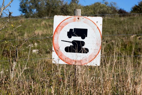 Military No Entry sign for tanks and trucks, military training area, Salisbury Plain, Wiltshire,