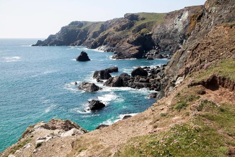 Coastal scenery, Kynance Cliff and Nantivet Rock stack, Lizard peninsula, Cornwall, England, UK