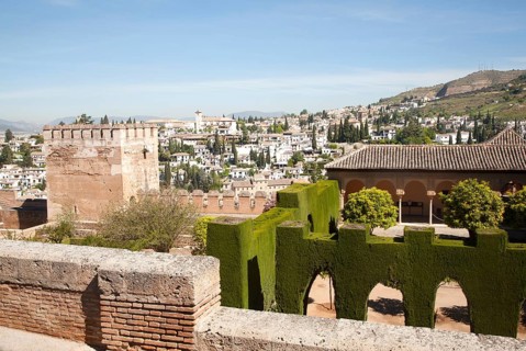 View over the Alhambra to Moorish houses in the Albaicin district of Granada, Spain, Europe