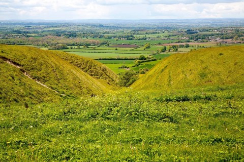 Chalk scarp slope with dry valleys at Roundway Hill, a special place for wildlife, near Devizes,