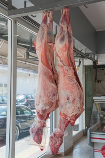 Two sheep hanging on meat hooks, light coming in through the window, Gastouni, Elis, Peloponnese,
