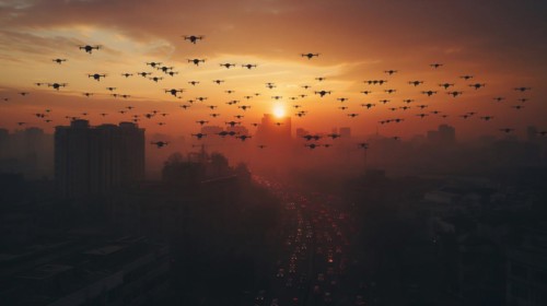 Swarm of UAV unmanned aircraft drones flying near the United States capitol at sunset, AI generated