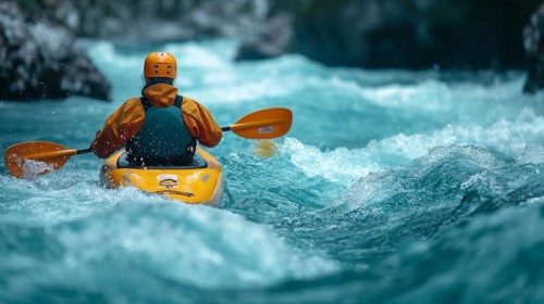 Kayaker paddling the rapids of A beautiful mountain river. generative AI, AI generated