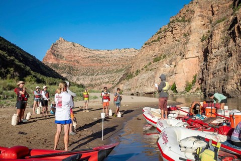 Dinosaur, Colorado, River rafters on the Green River in Dinosaur National Monument. River guide Sam