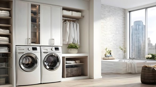 Real estate laundry room with modern stackable washer and dryer, AI generated