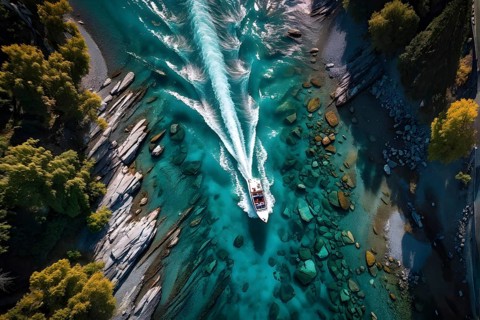 Aerial view on a high speed boat racing along a rivers serpentine, AI generated