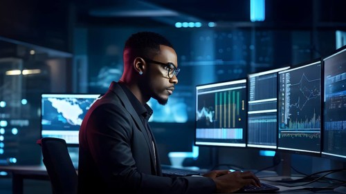 Black african american male it specialist engaged in analyzing data for cyber security, AI