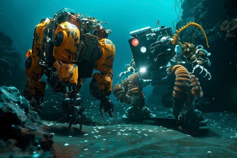 Robots exploring and collecting samples of deposits in abyssal plains, AI generated