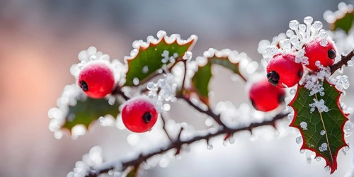 Frosty holly branch with vibrant red berries covered in delicate ice crystals, symbol for upcoming