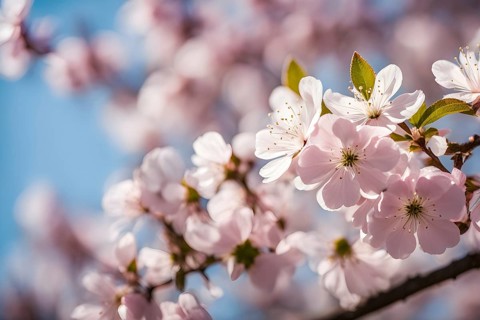 Blooming cherry blossoms with soft pink petals against a clear blue sky, with delicate sunlight