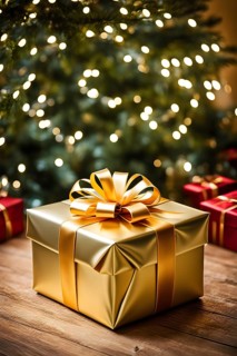 Close-up of a beautifully wrapped Christmas gift with a satin ribbon, set under a glowing Christmas