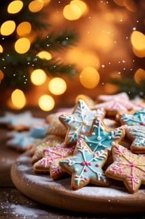 A detailed shot of Christmas cookies on a wooden table, featuring star-shaped cookies with colorful