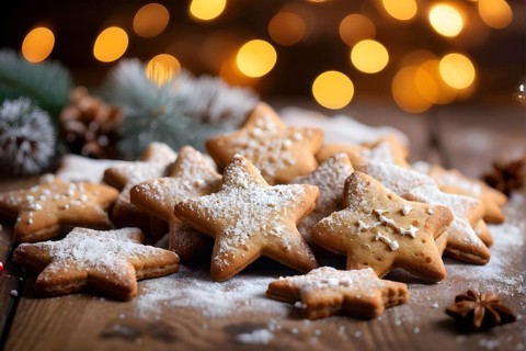 A detailed shot of Christmas cookies on a wooden table, featuring star-shaped cookies with colorful