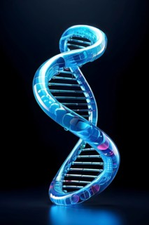 DNA double helix structure against gradient blue background, AI generated
