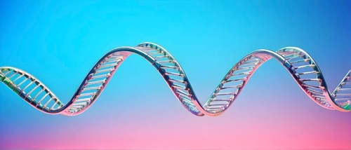 DNA double helix structure against gradient background, AI generated