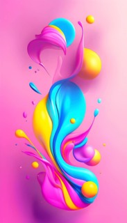 Abstract image with colorful yellow and turquoise blobs and liquid shapes on a pink background, AI