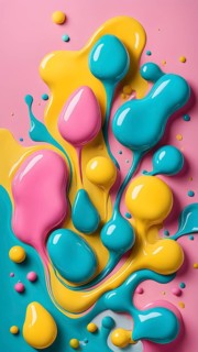 Abstract image with colorful yellow and turquoise blobs and liquid shapes on a pink background, AI