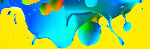 Abstract image with vibrant blue and red blobs and liquid shapes on a yellow background, AI