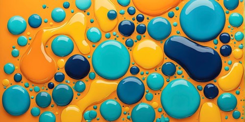 Abstract wallpaper with colorful turquoise and yellow blobs and liquid shapes on a orange