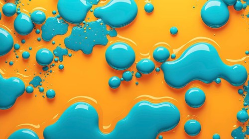 Abstract wallpaper with colorful turquoise and yellow blobs and liquid shapes on a orange