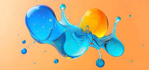 Abstract wallpaper with colorful turquoise and yellow blobs and liquid shapes on a orange