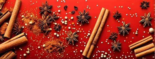 Abstract wallpaper illustration of Christmas spices like cinnamon sticks, star anise, and cloves,