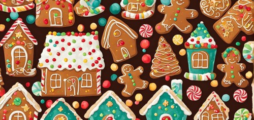 Abstract wallpaper illustration of of gingerbread house decoration, AI generated