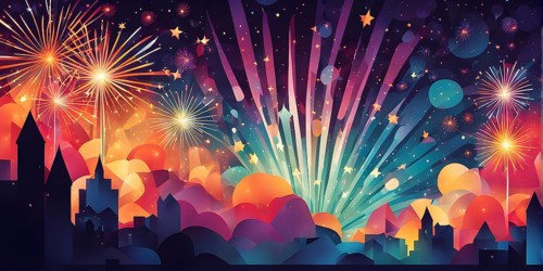 Wallpaper illustration of an explosion of vibrant fireworks colors in a night sky, symbol for happy