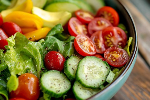 Healthy raw salad with tomatoes, cucumber and lettuce in bowl. Generative Ai, AI generated
