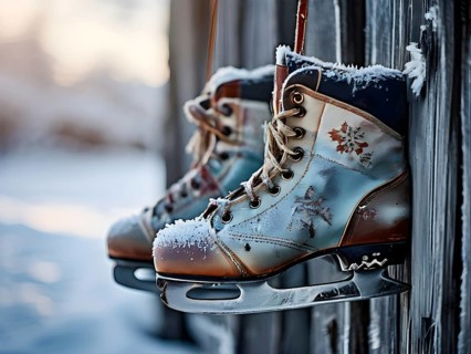 Pair of vintage ice skates hanging by their laces on an old wooden fence with frost and snow gently
