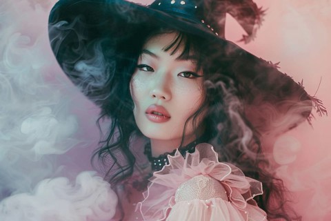 Beautiful Asian woman dressed up with Halloween witch costume hat and pink dress. Generative Ai, AI