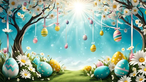 Surreal Easter scene with floating eggs, ribbons, and flowers in a dreamlike, whimsical composition