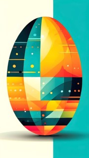Abstract Easter egg design with geometric patterns, bold colors, and a mix of textures, creating a