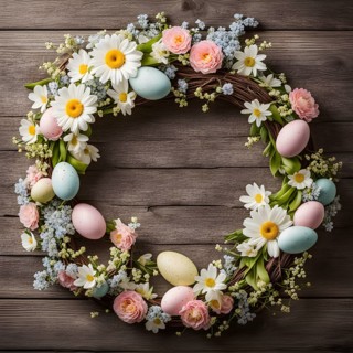 Spring wreath with pastel ribbons, speckled eggs, and blooming flowers, hanging on a wooden