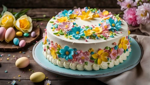 Decorated Easter cake with intricate icing flowers and colorful sprinkles, placed on a rustic