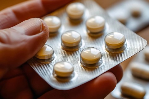 Hand holding medical pills in blister pack. Generative Ai, AI generated