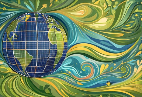 Illustration of a globe composed of triangular solar panels and swirling wind patterns, symbolizing