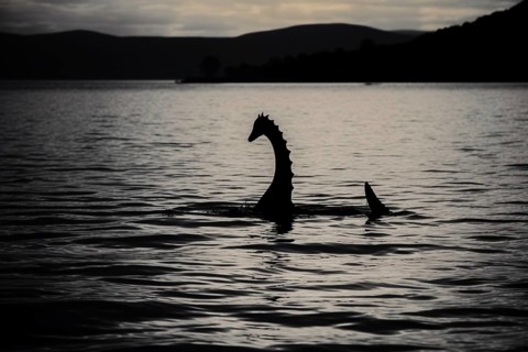 Silhouette of Loch Ness Monster swimming in lake. KI generiert, generiert AI generated