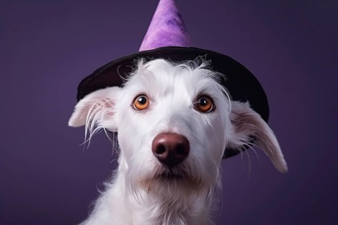 White dog with Halloween costume witch hat on purple background. KI generiert, generiert AI