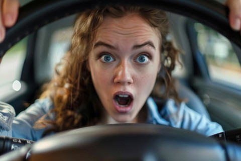 A young woman sits in her car and looks at the speedometer in surprise and shock, symbolic image,