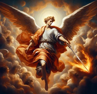 An archangel with a flaming sword, symbolic image religion, Christianity, angel, faith, AI