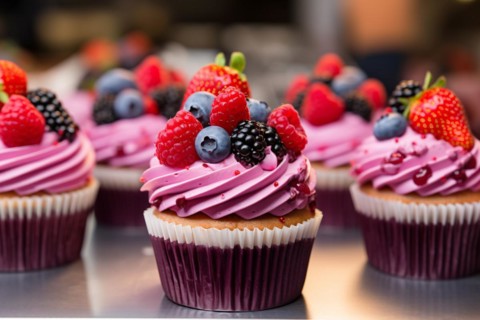 Cupcakes with pink frosting and berry fruits in pastry shop. KI generiert, generiert KI generiert,