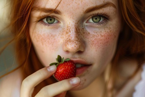 Beautiful young woman with freckles eating strawberry fruit. KI generiert, generiert, AI generated