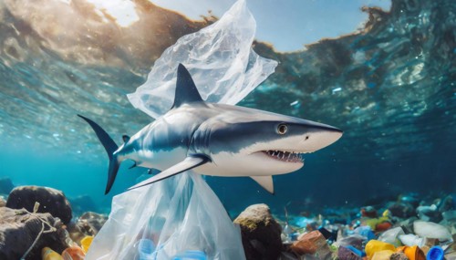 Symbolism, waste problem, plastic waste drifts in the sea and endangers animals, AI-generated,