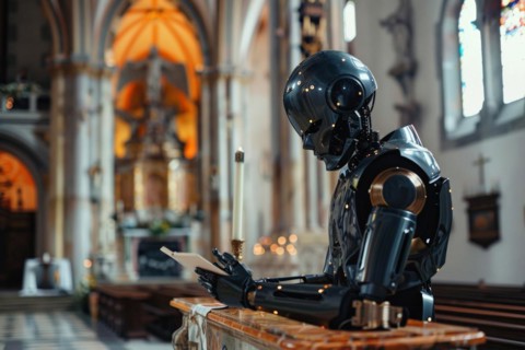 Humanoid reading next to an altar in a church, vision of the future, science fiction, AI generated,